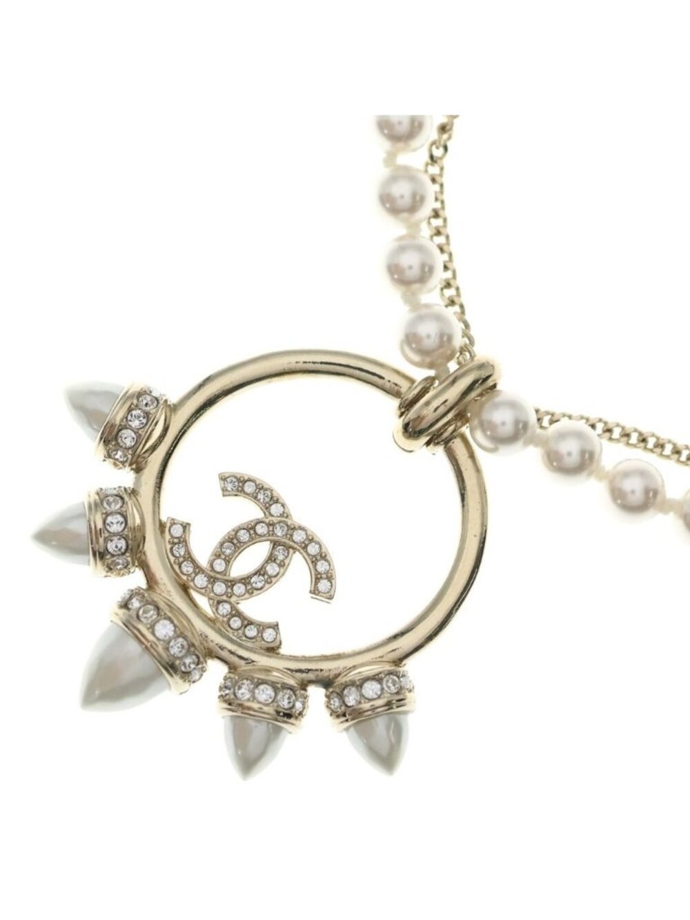 Chanel CC Logo Circle Pearl Necklace Metal Gold Faux Rhinestone with Bean Box